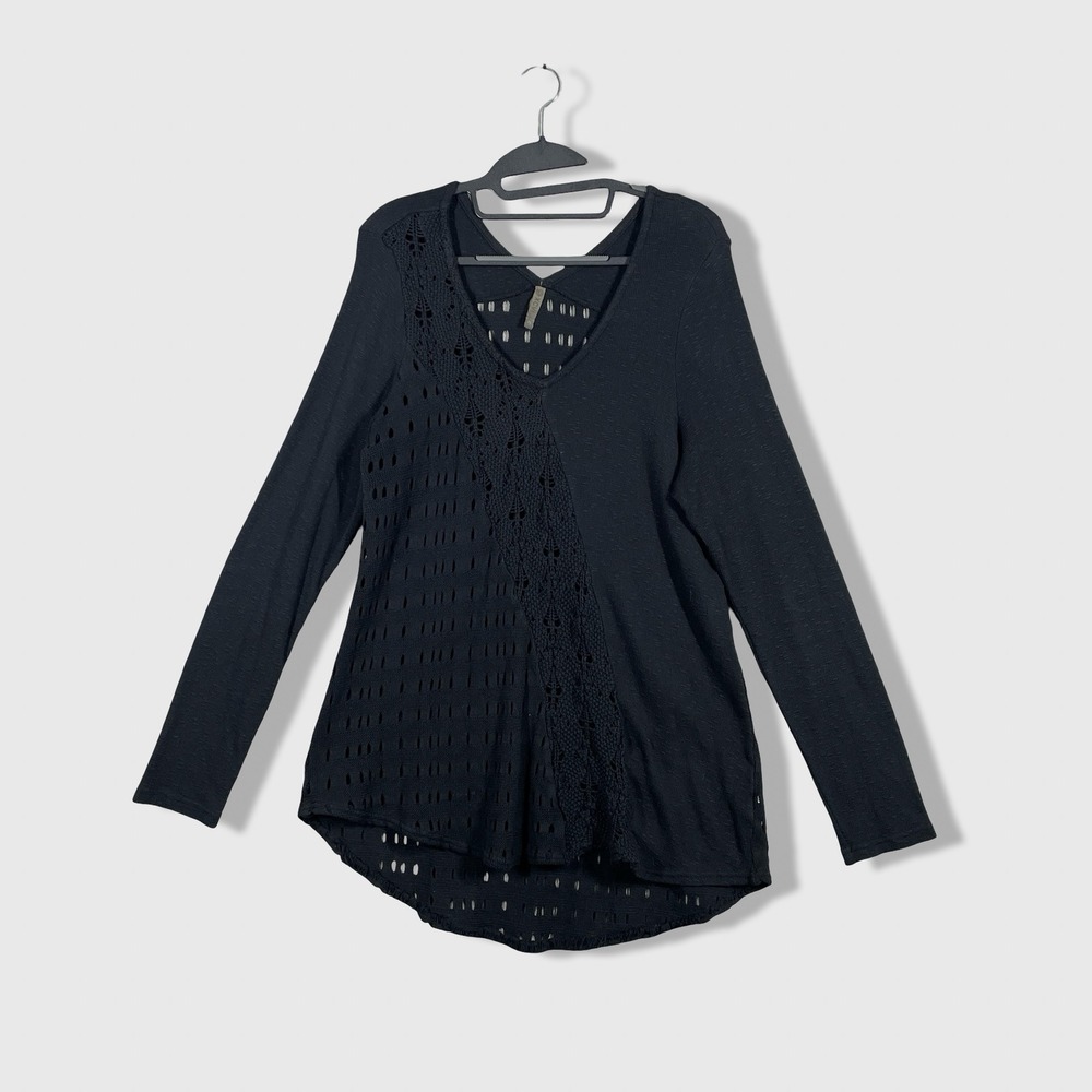 XCVI Long Sleeve Top Womens XL Black Boho Crochet Open Knit Lagenlook Textured